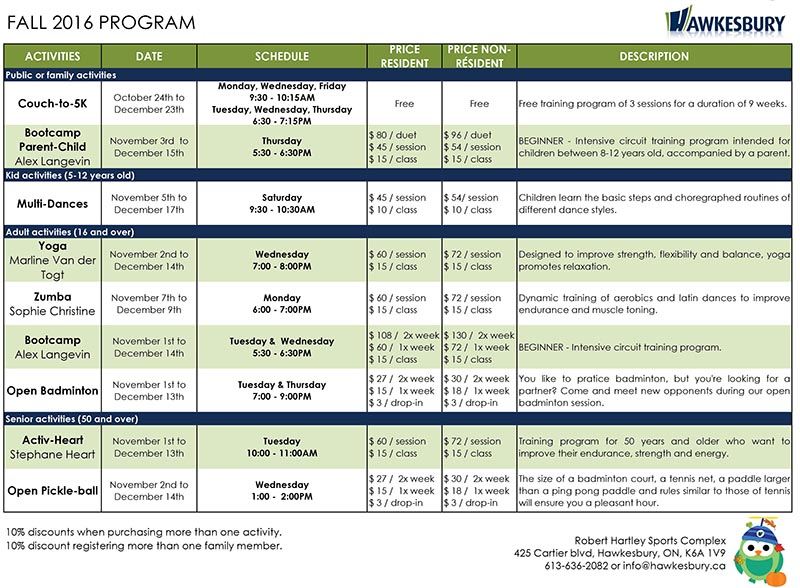 The schedule of activities for fall, 2016. 