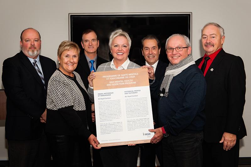 Sébastien Racine, President, Board of Directors, HGH Foundation; Jeanne Charlebois, Mayor of Hawkesbury; Marc LeBoutillier, CEO, HGH; Anne Comtois-Lalonde, daughter of Royal Comtois; Mr. François Bertrand, Chair, Board of Directors, HGH; Gilles Comtois, son of Royal Comtois; Guy Desjardins, Warden of United Counties of Prescott-Russell 