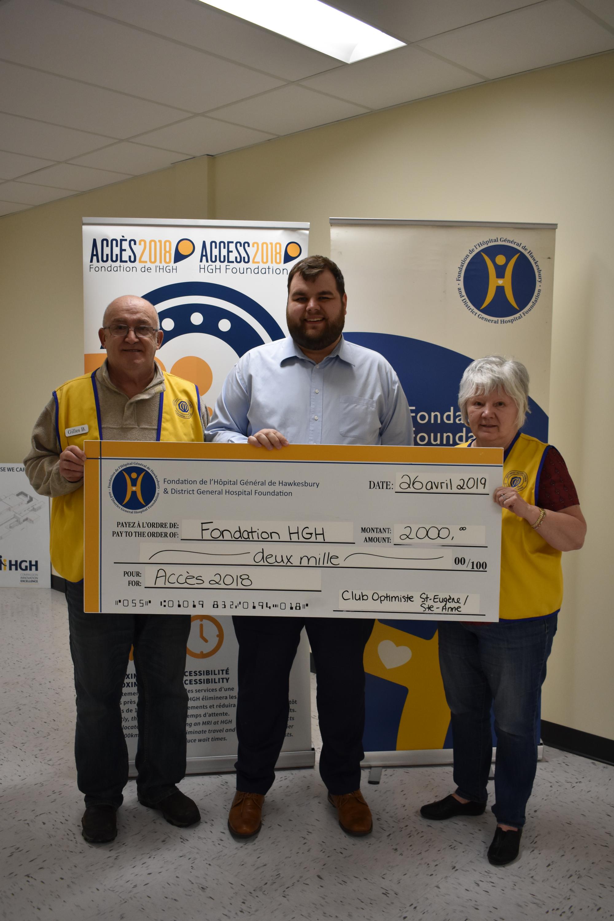 The Optimist Club of St-Eugène and Ste-Anne donates $2,000 to the HGH Foundation