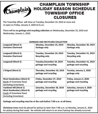 Champlain Township – Holiday Season Schedule