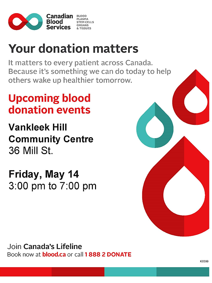 Register now for May 14 Vankleek Hill Canadian Blood Services donation clinic