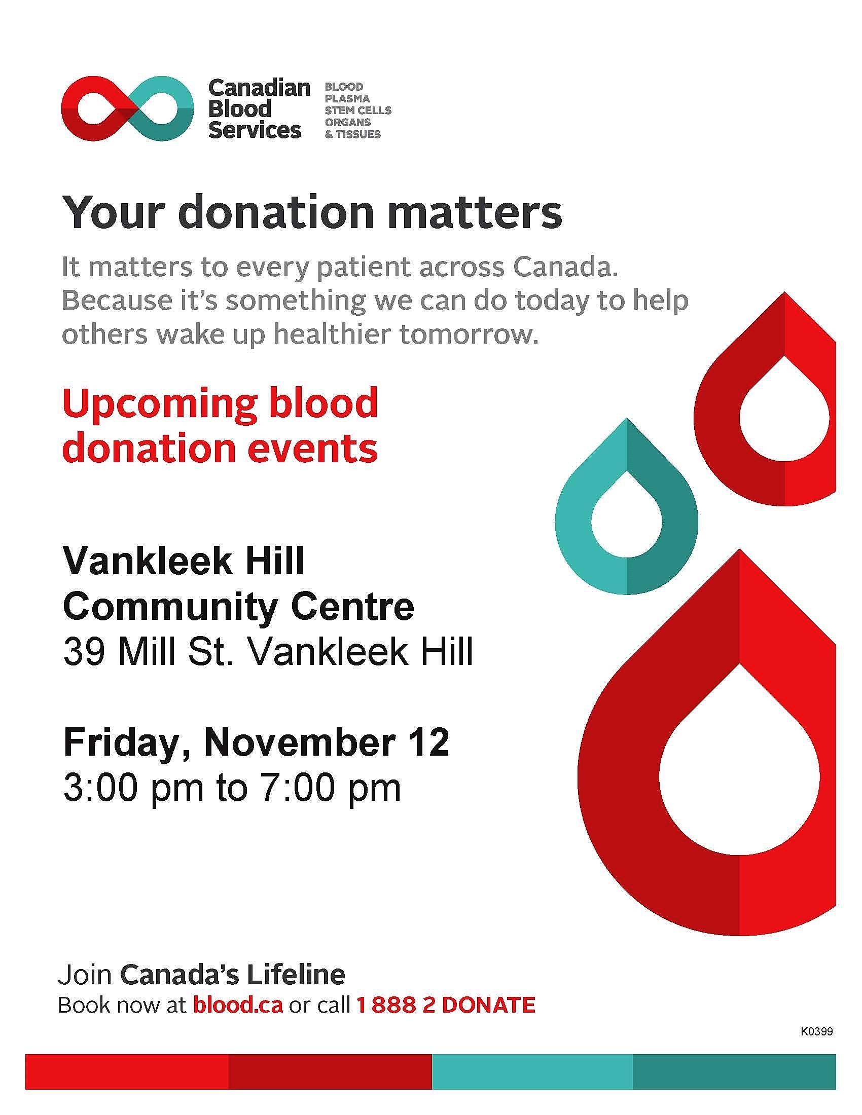 Register now for November 12 Vankleek Hill Canadian Blood Services donation clinic
