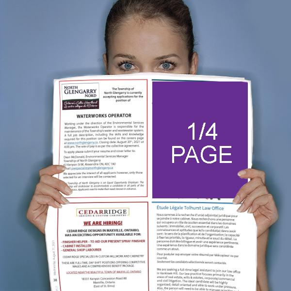 Women peering over the top of The Review newspaper Job section of the paper and a purple square with 1/4 page written to show how much space it would be. To Find your perfect candidate by advertising with The Review!