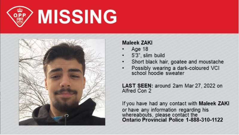 Hawkesbury OPP searching for teenaged male missing after house party in Alfred-Plantagenet