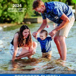 The cover of the 2024 Prescott-Russell Tourism Magazine Publications with a photo of a mom, dad and toddler playing in the water.